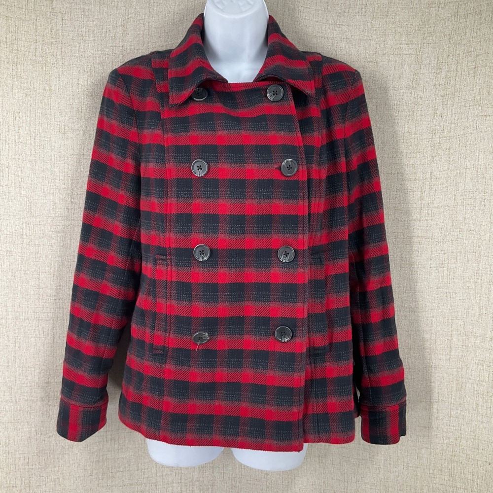 Cabi Pea Coat Women S Red Black Buffalo Plaid Double Breasted Cotton Lumberjack